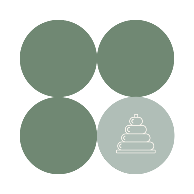 Four green circles arranged in a square; the bottom right circle is lighter and features an outline of a stacking ring toy.